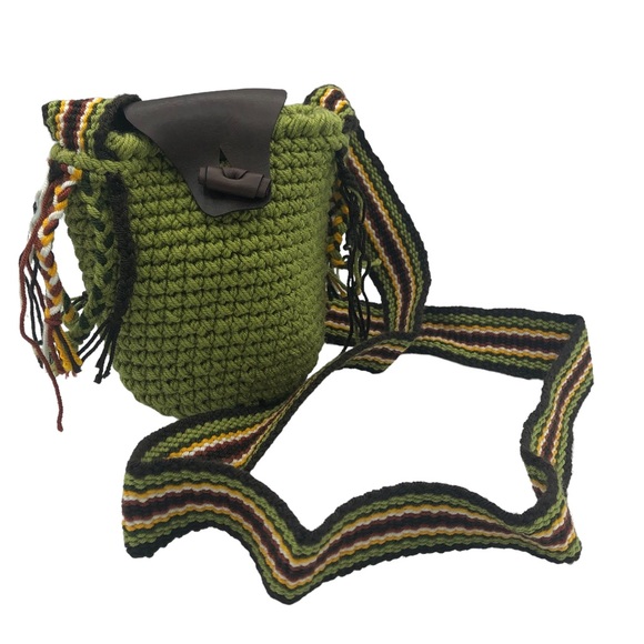 Handbags - Green Crochet Mini Bag Crossbody Cottagecore Boho Faux Leather Fringe Tassel